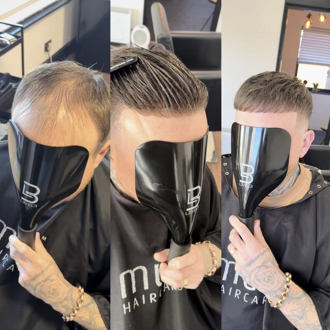 Three stages of a men's hair system being fitted and styled